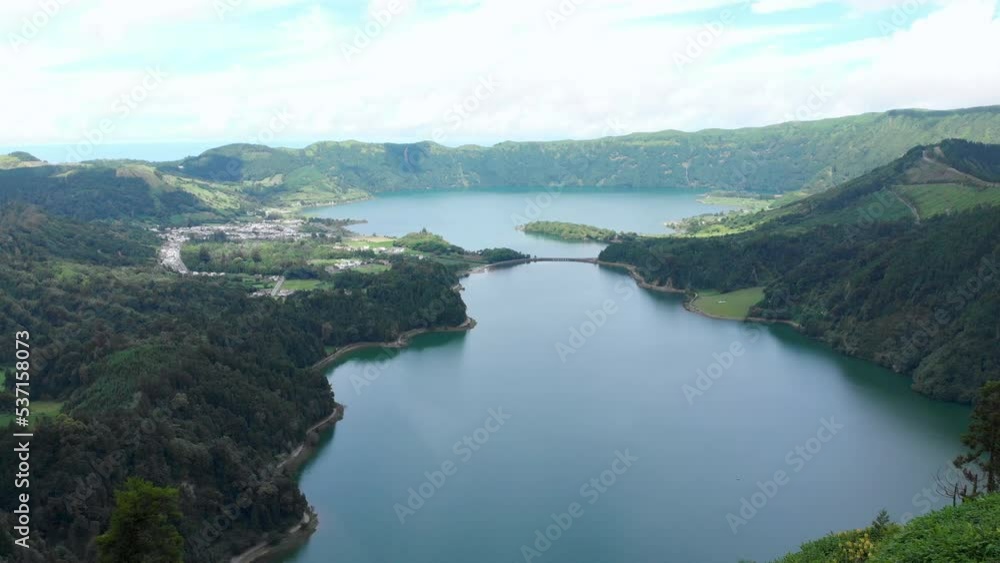 Aerial View of Famous Twin Lakes in Caldera of Sete Cidades in Azores Aerial View of Famous Twin Lakes in Caldera of Sete Cidades in Azores