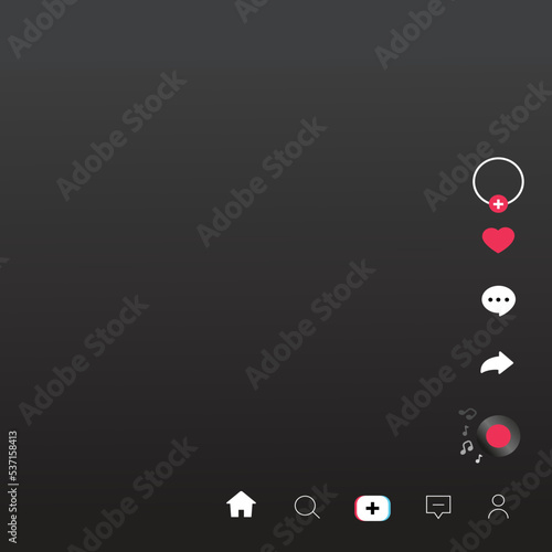 Social media home page screen interface in social media application. Music and video app icons.