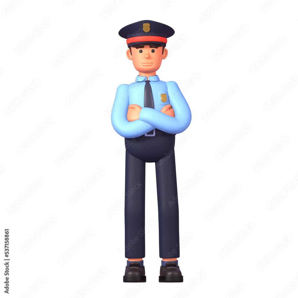3d render of policeman in blue shirt posing with arms crossed on chest