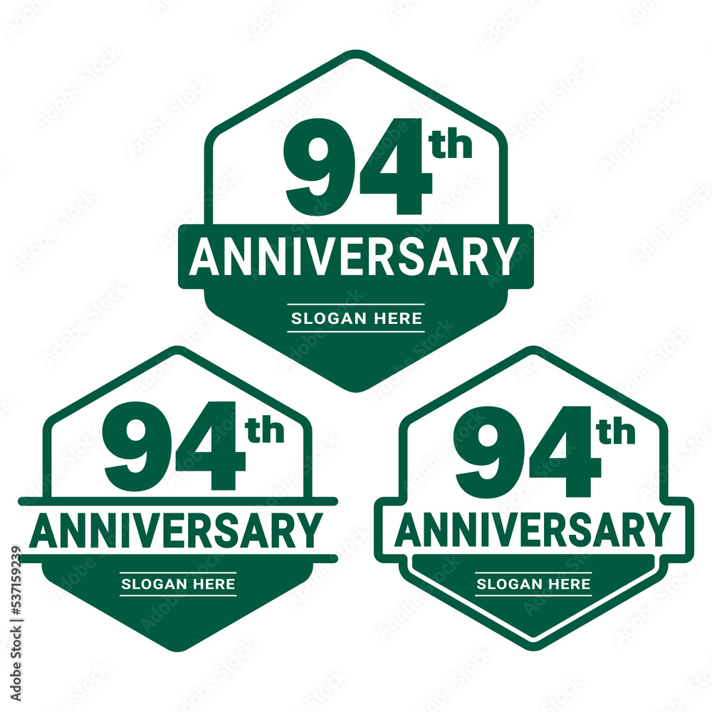 Set of 94 years Anniversary logotype design. 94th birthday celebration logo collection. Set of anniversary design template. Vector illustration.	