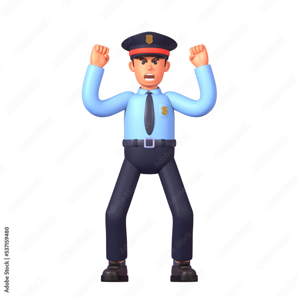 3d render of policeman in blue shirt angry, shouting in rage