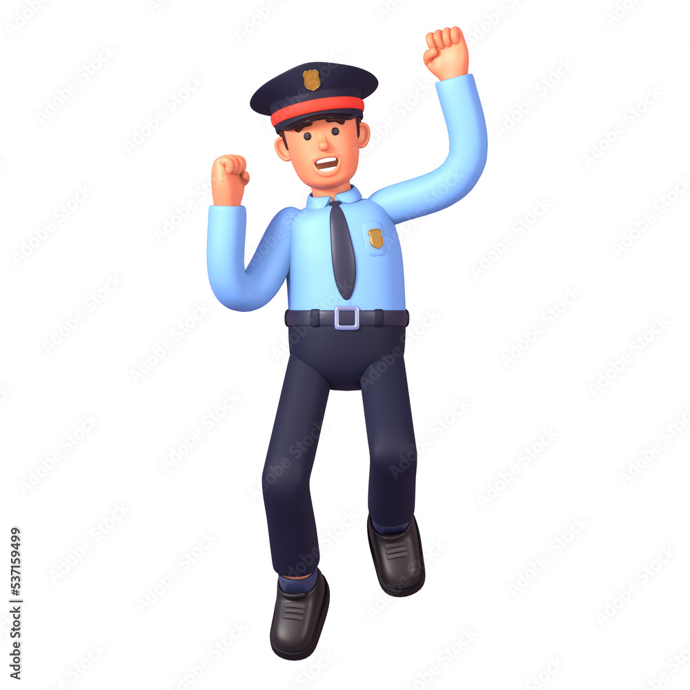 3d render of policeman in blue shirt celebrating success or achievement, jumping in joy 3d render of policeman in blue shirt celebrating success or achievement, jumping in joy