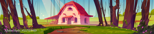 Summer forest scene with farm house on glade, trees, green grass and bushes with flowers. Deep woods landscape with stone forester home with woodpile stack and road, vector cartoon illustration