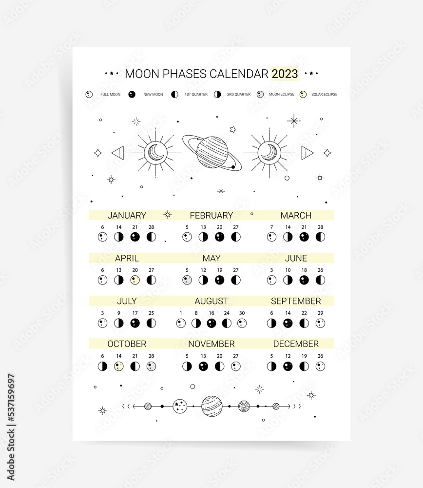 One page 2023 moon calendar planner. Modern Minimal lunar agenda calendar 2023 poster template design. Lunar phases schedule and cycles for 2023 year. - obrazy, fototapety, plakaty 