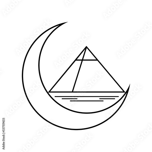 Egypt ancient pyramid of giza are egyptian pharaoh tomb on crescent moon white background outline vector black icon design.
