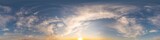 Blue sunset sky panorama with puffy Cumulus clouds. Seamless hdr pano in spherical equirectangular format. Complete zenith for 3D visualization, game and sky replacement for aerial drone 360 panoramas
