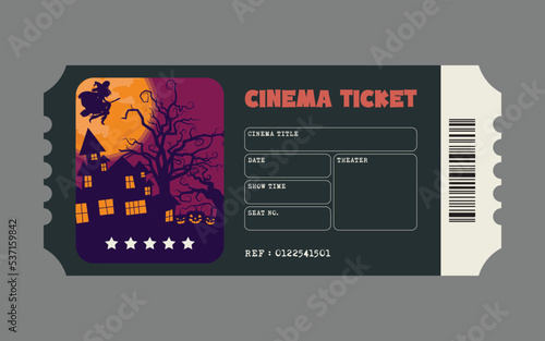 Realistic  front view flat vector illustration design of a minimal but modern cinema ticket with seat, theater, date, movie name information.