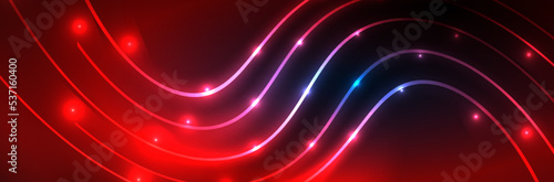 Shiny neon lights, dark abstract background with blurred magic neon light curved lines