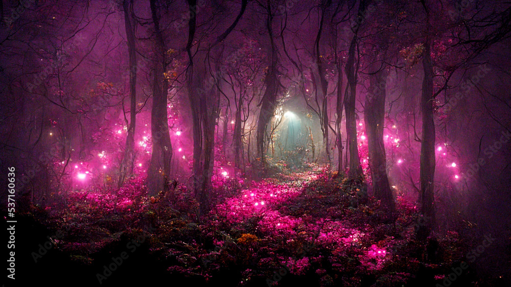 fairy forest at night pink neon lights volumetric lights