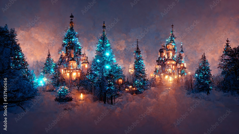 Winter fairy castle holiday decorations neon night