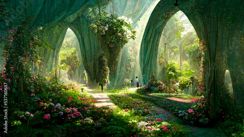 Fotografiet Garden of 
Eden exotic fairytale fantasy forest Green Archs
