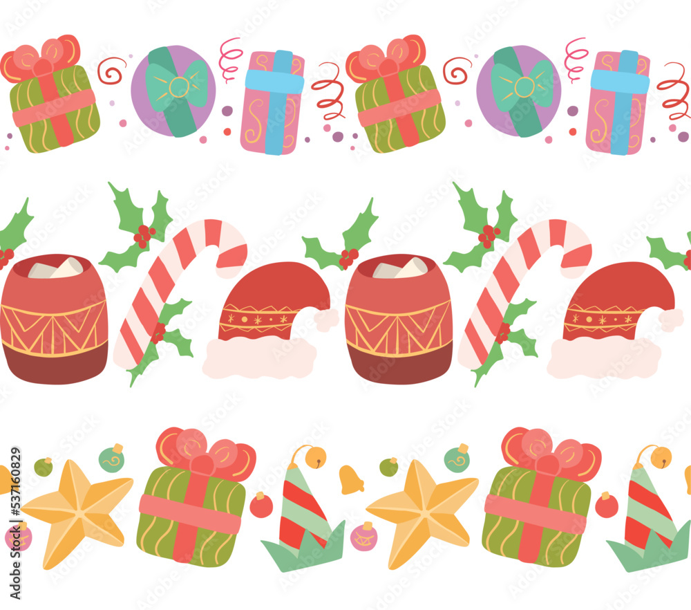 Fototapeta premium Vector set of seamless festive borders. Frame with candles, santa hat and sock, christmas gifts, decoration and confetti. Christmas element