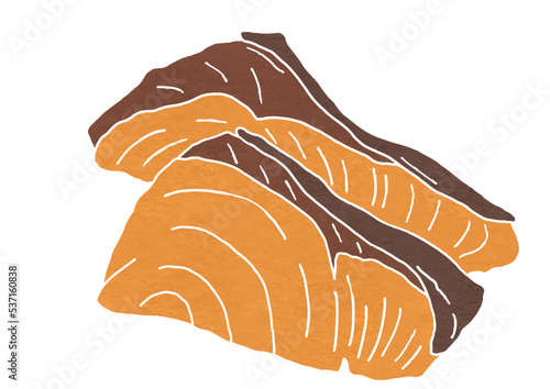 複数のぶりの照り焼きのイラスト（版画風）