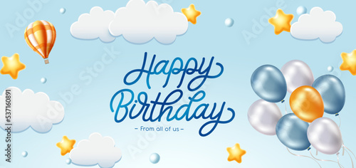 Birthday vector banner design. Happy birthday text in sky with clouds and bunch of balloons element for cute birth day celebration messages. Vector illustration.
