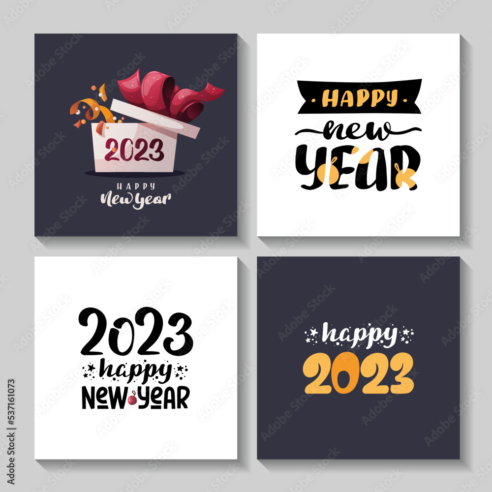 Set of cards with Happy New Year 2023 handwritten lettering. Square vector illustrations for banner, card, postcard, cover.