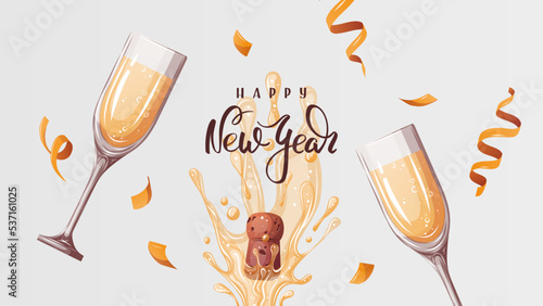 Happy New Year card with Champagne, glasses and handwritten lettering. Celebration, holiday, event, festive, congratulations concept. Vector illustration. Postcard, card, cover.