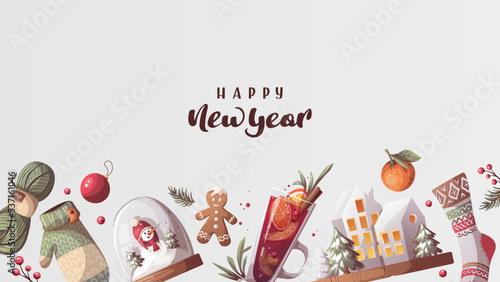 Happy New Year card design. Knitted clothes, snow globe, mulled wine. Cozy winter, home comfort, holidays concept. Vector illustration for banner, card, postcard, cover.