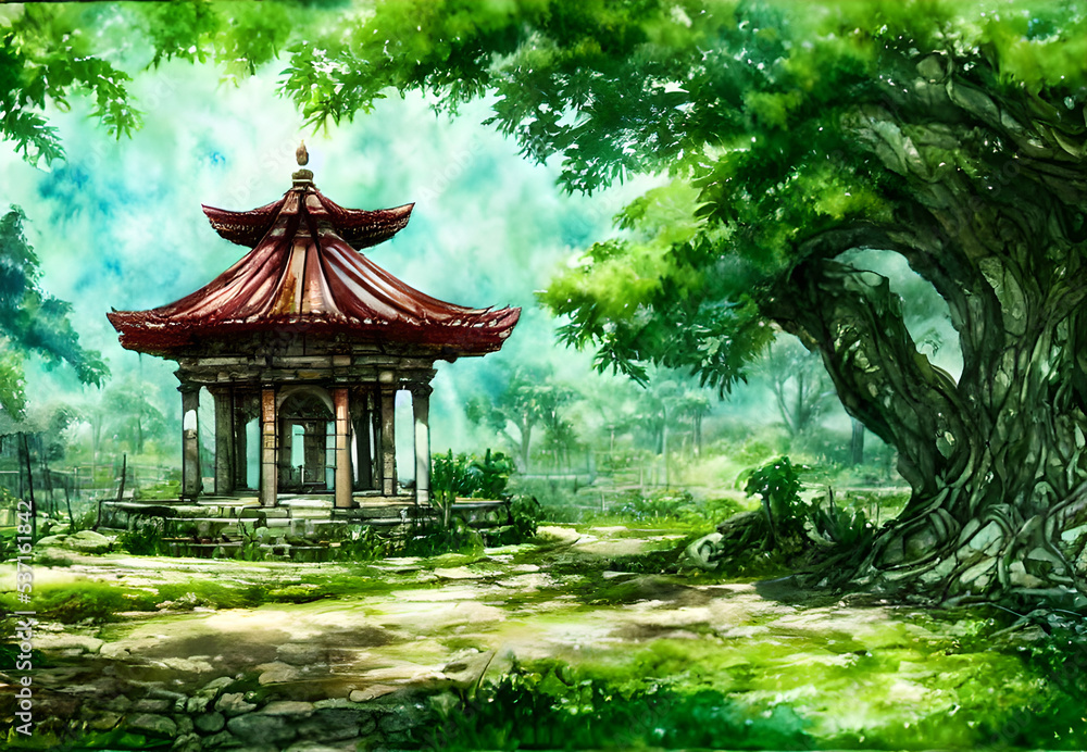 Round open air temple in a forested area Round open air temple in a forested area