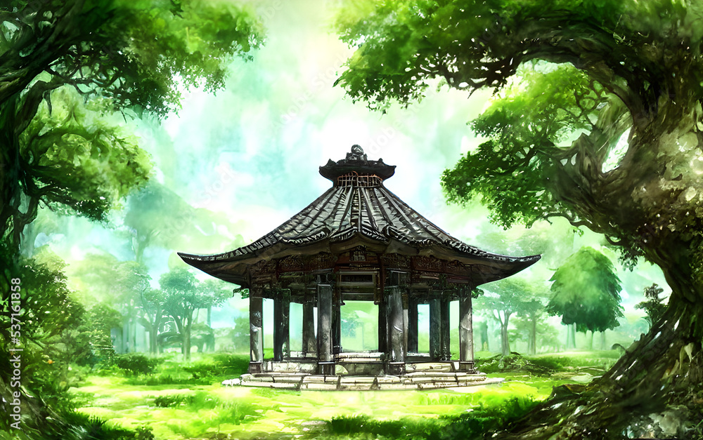 Round open air temple in a forested area Round open air temple in a forested area