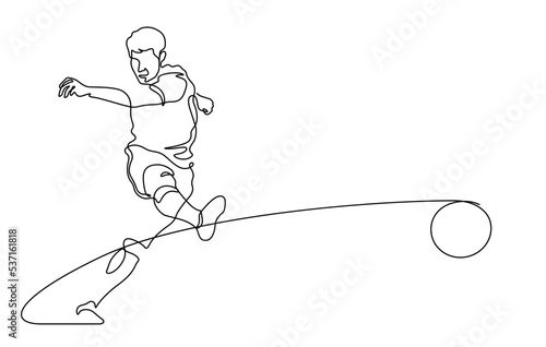 footballer kicking a ball as a long pass,shooting,salvo for a goal line art vector illustration. Continuous line drawing style isolated on white background