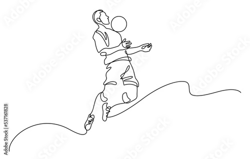 soccer player catch a ball by jumping and do a chest stall line art vector illustration. Continuous line drawing style isolated on white background