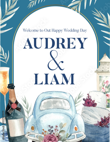 Poster template with cozy chic wedding concpet,watercolor style