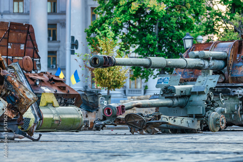 Destroyed Russian military equipment on display in the center of Kyiv on Mikhailovskaya Square. War in Ukraine, tanks, armored personnel carriers