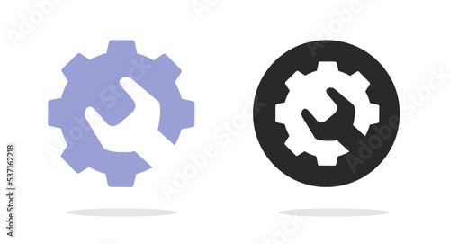Tool wrench fix repair logo vector icon or technical mechanical support help workshop service logotype as cogwheel pictogram graphic illustration, custom engineering maintenance design