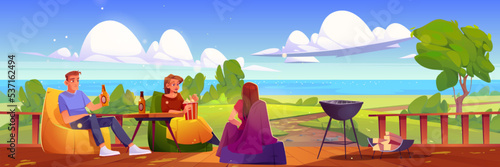 Friends bbq weekend recreation, young people relax on wooden terrace with view on lake and field. Company rest on open veranda sitting with popcorn, beer and barbeque, Cartoon vector illustration