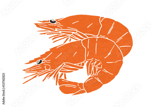 複数のエビのつや煮のイラスト（版画風）