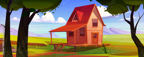 Village house in mountain valley with green grass, trees, stones and rocks. Summer countryside landscape with small wooden farmhouse with porch and garden, vector cartoon illustration