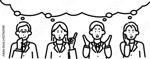 複数のビジネスパーソンが意見を言う、考える吹き出し付きのイラスト素材　線画のみ