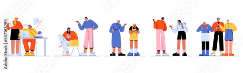 Scenes of parents and teenagers conflicts. Angry mother scold son for school grades, anxiety man argue with boy student, family couple talk with sad teen, vector flat illustration