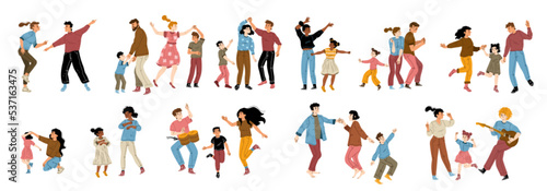 Happy couples and families with kids dancing. Diverse characters, excited men and women dance with boys and girls isolated on white background, vector hand drawn illustration