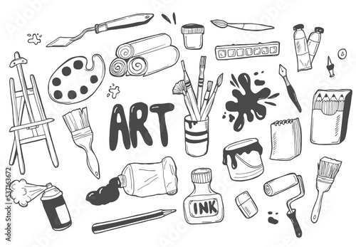Art tools sketch hand drawn set vector white and black desing. Art background.