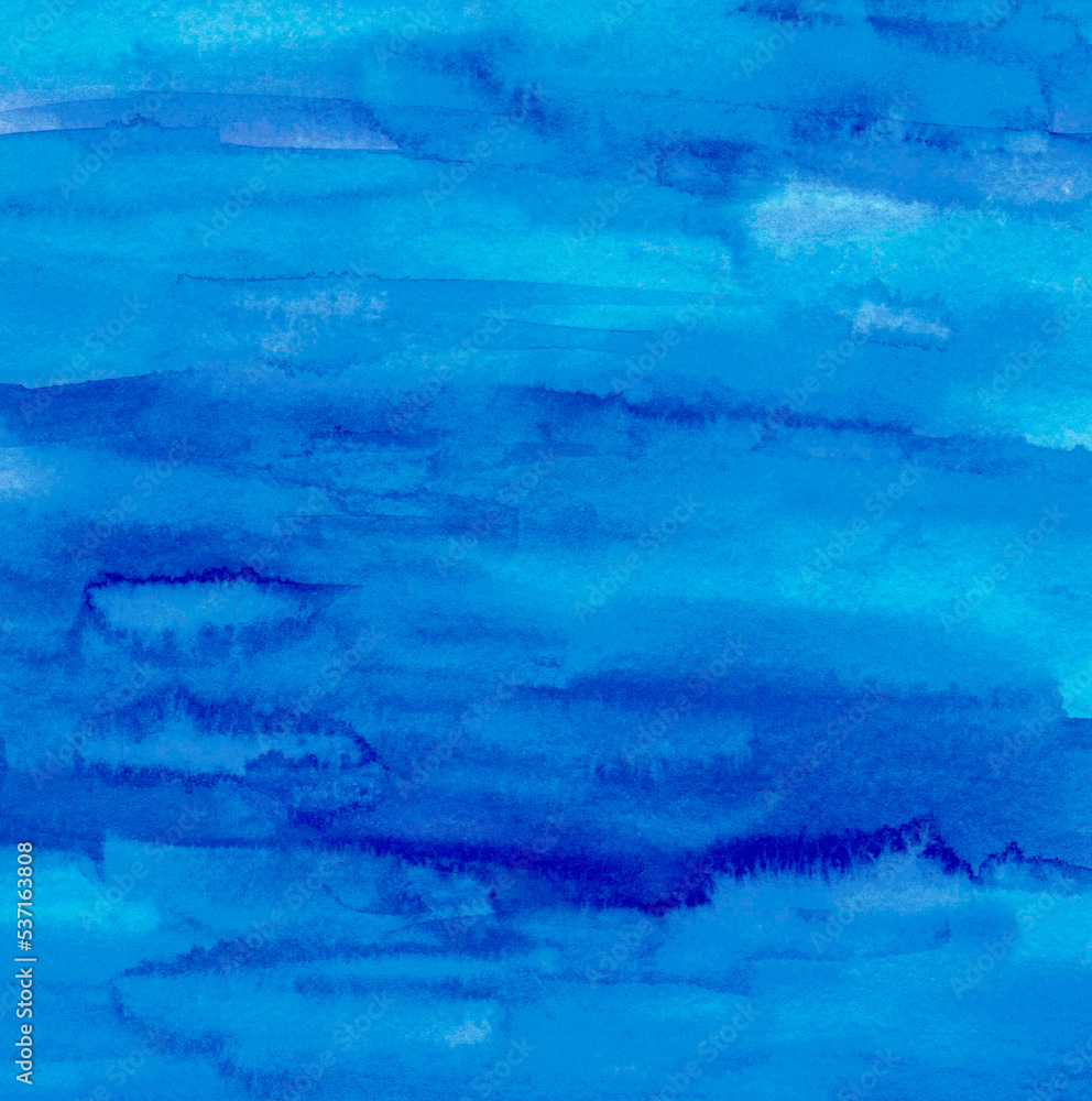 Blue abstract watercolor background with horizontal strokes. Painted by hand.