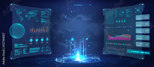 Futuristic 3D lab with hologram with HUD interface in perspective view. Realistic light aura and glowing hologram. Template 3D lab with stage, magic portal, teleport, hologram for presentation. Vector
