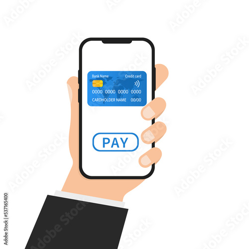 A hand holds a phone to pay for a product using the phone. Vector illustration