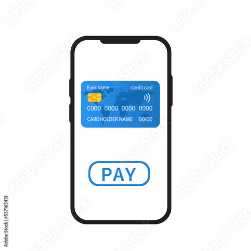 Phone with bank card and payment button. Vector illustration