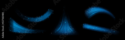 Blue wind waves effect. Abstract light motion trails with sparkles isolated on black background. Fresh cold air blowing from conditioner or cooler, vector realistic set