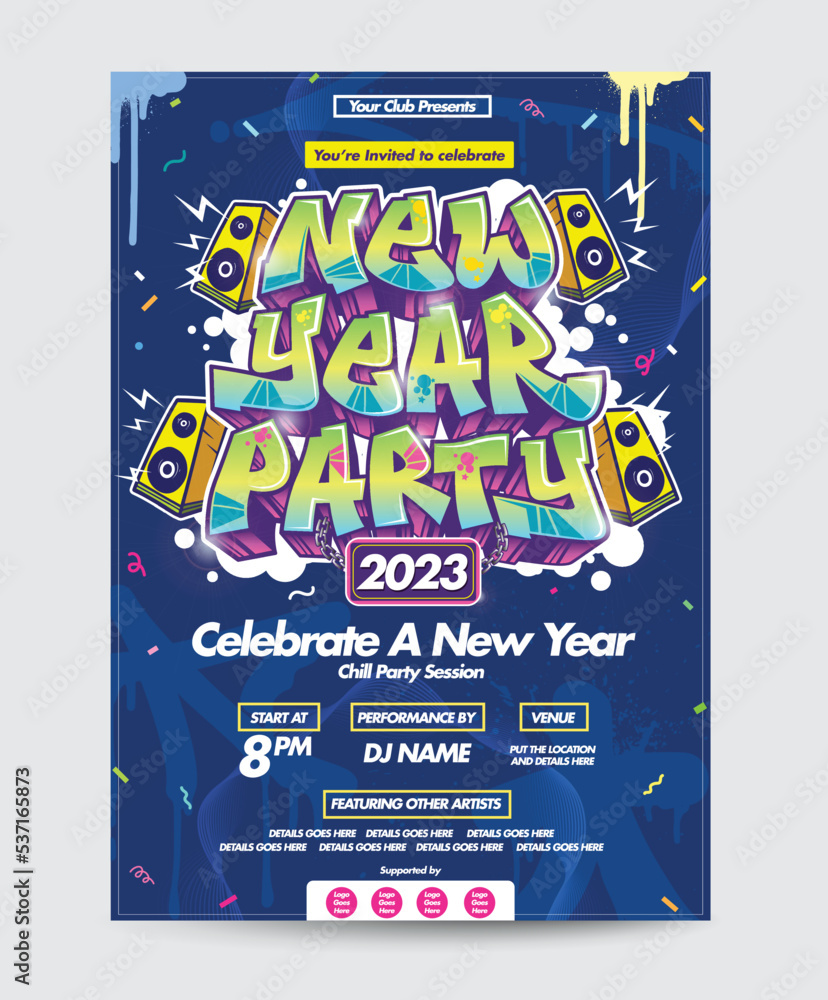 New Year Party Design Poster or Flyer Template in Graffiti Style