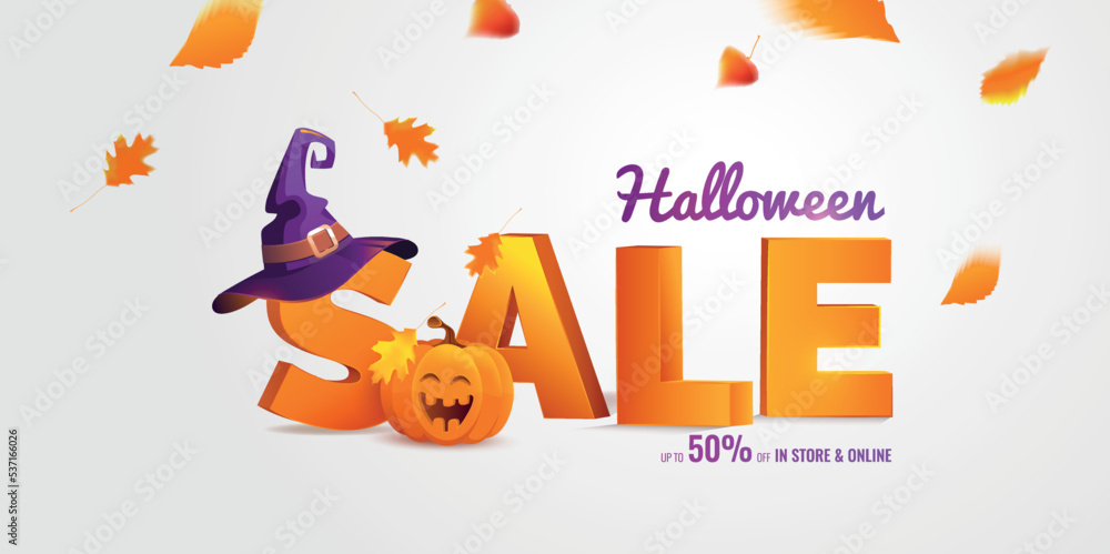 Fototapeta premium Happy Halloween Sale Background with Laughing pumpkin, Big 3d letters Sale and falling autumn leaves. Vector illustration.