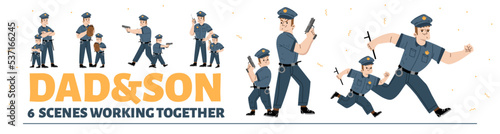 Flat set of dad and son playing police officers together. Vector illustration of active father and child wearing cop uniform, aiming gun, speaking in walkie-talkie, running with baton and handcuffs