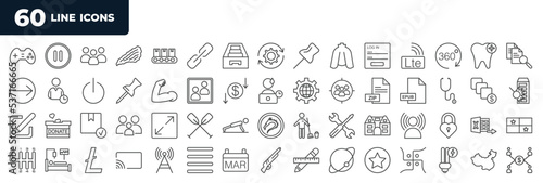 set of most common used 60 web icons in outline style. thin line icons such as game console, login page, unite, establish, mansion, gearbox, shotgun, china map vector.