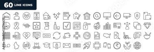 set of most common used 60 web icons in outline style. thin line icons such as accomodation, computer monitor, bachelor, brilliant, image file, curry, email white, conservation vector.