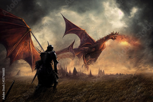 Fotografia AI generated image of a large dragon breathing fire and a heroic medieval knight fighting it
