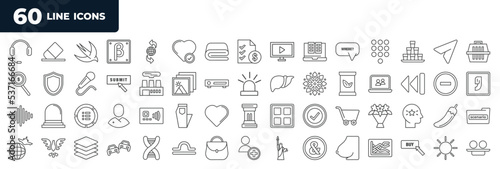 set of most common used 60 web icons in outline style. thin line icons such as callcenter, where, photograph, sound wave, empty cart, travelling, create account, bright vector.