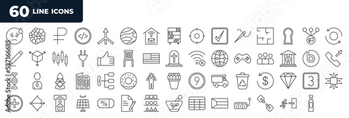 set of most common used 60 web icons in outline style. thin line icons such as but, stitch, seating, adn, dump truck, eletronic, assortment, emergency exit vector.