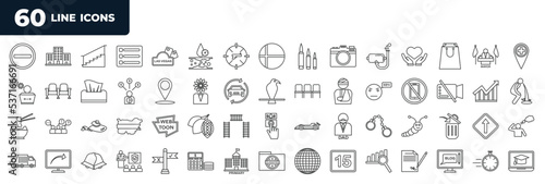 set of most common used 60 web icons in outline style. thin line icons such as minus, scuba, complicated, kimchi, arrest, garbage truck, classified, rapid vector.