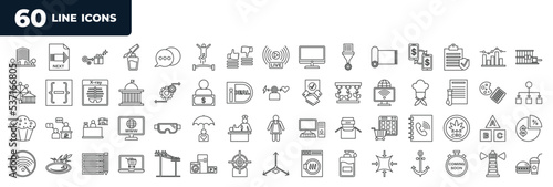 set of most common used 60 web icons in outline style. thin line icons such as buliding, mat, loans, muffin, webshop, no wifi, axis, beacon vector.